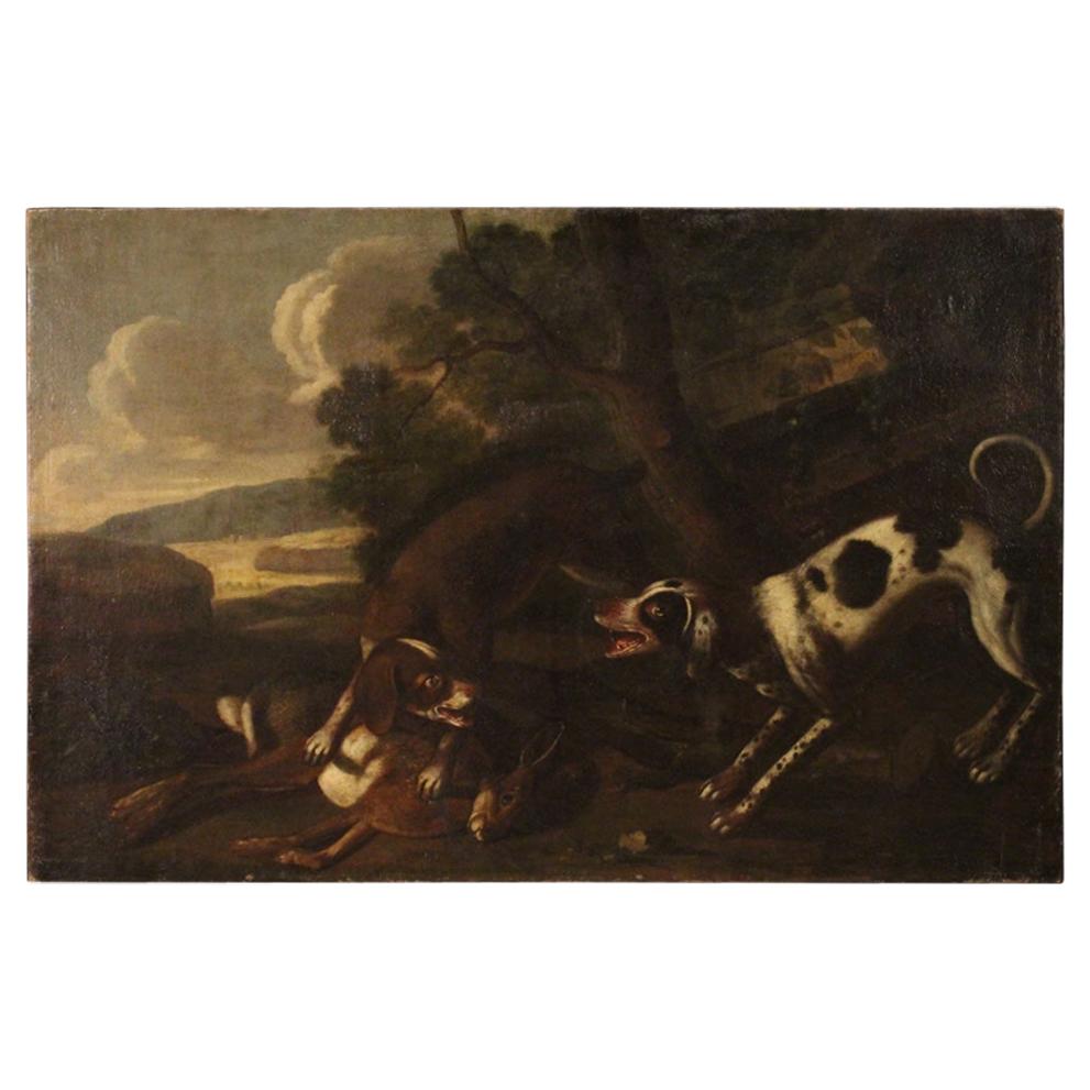 18th Century Oil on Canvas Italian Antique Painting Landscape with Hunting Scene