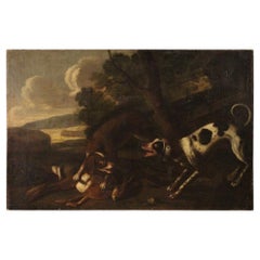 18th Century Oil on Canvas Italian Antique Painting Landscape with Hunting Scene