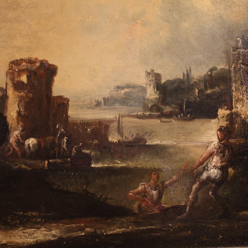 Huile sur toile du XVIIIe siècle Peinture ancienne italienne Paysage avec chevaliers, 1720 en vente 5