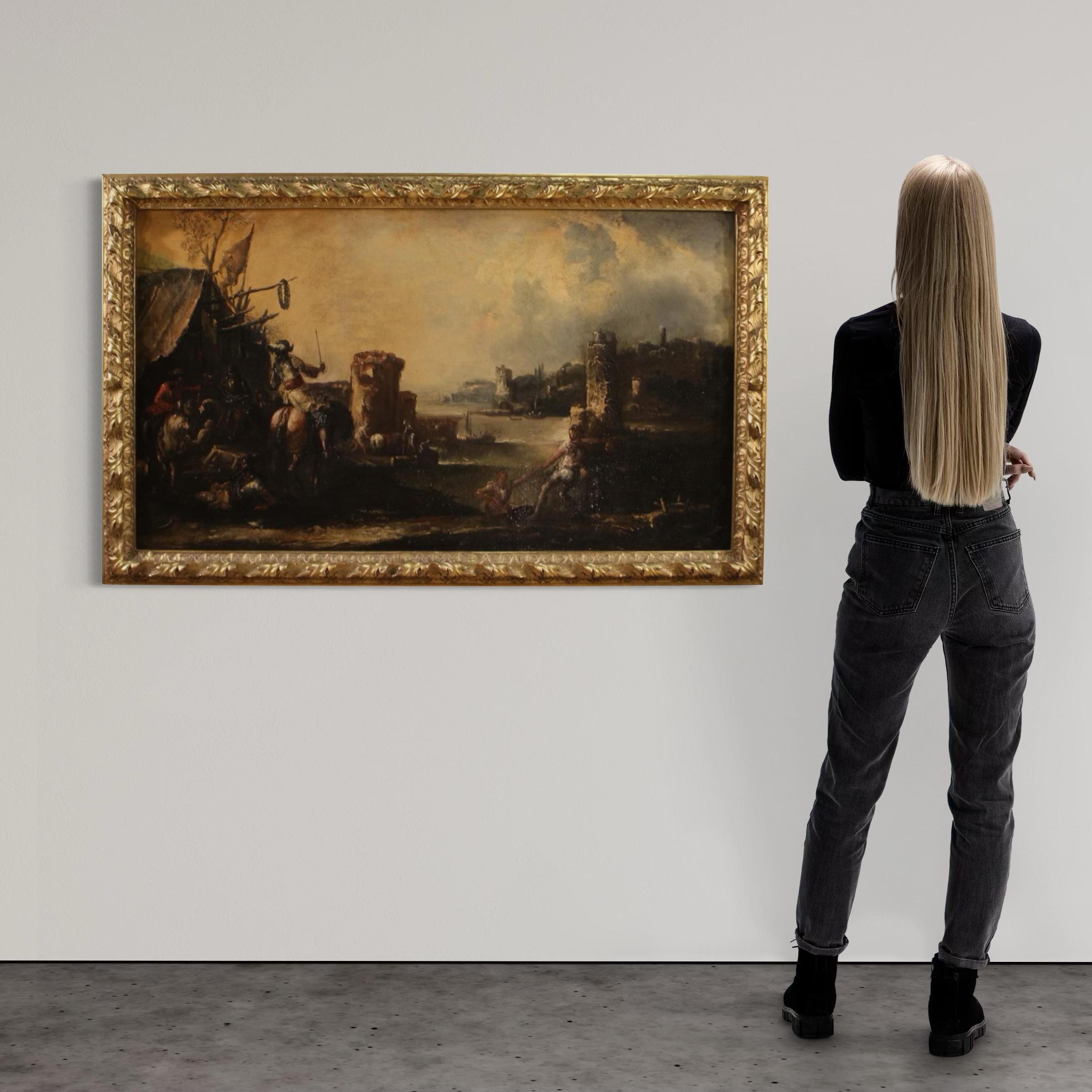 Huilé Huile sur toile du XVIIIe siècle Peinture ancienne italienne Paysage avec chevaliers, 1720 en vente