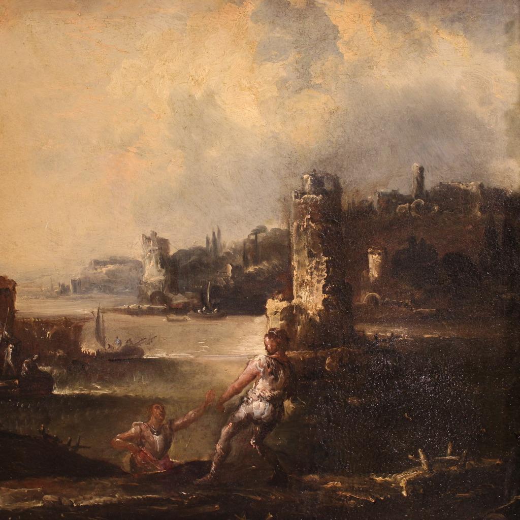 Huile sur toile du XVIIIe siècle Peinture ancienne italienne Paysage avec chevaliers, 1720 Bon état - En vente à Vicoforte, Piedmont