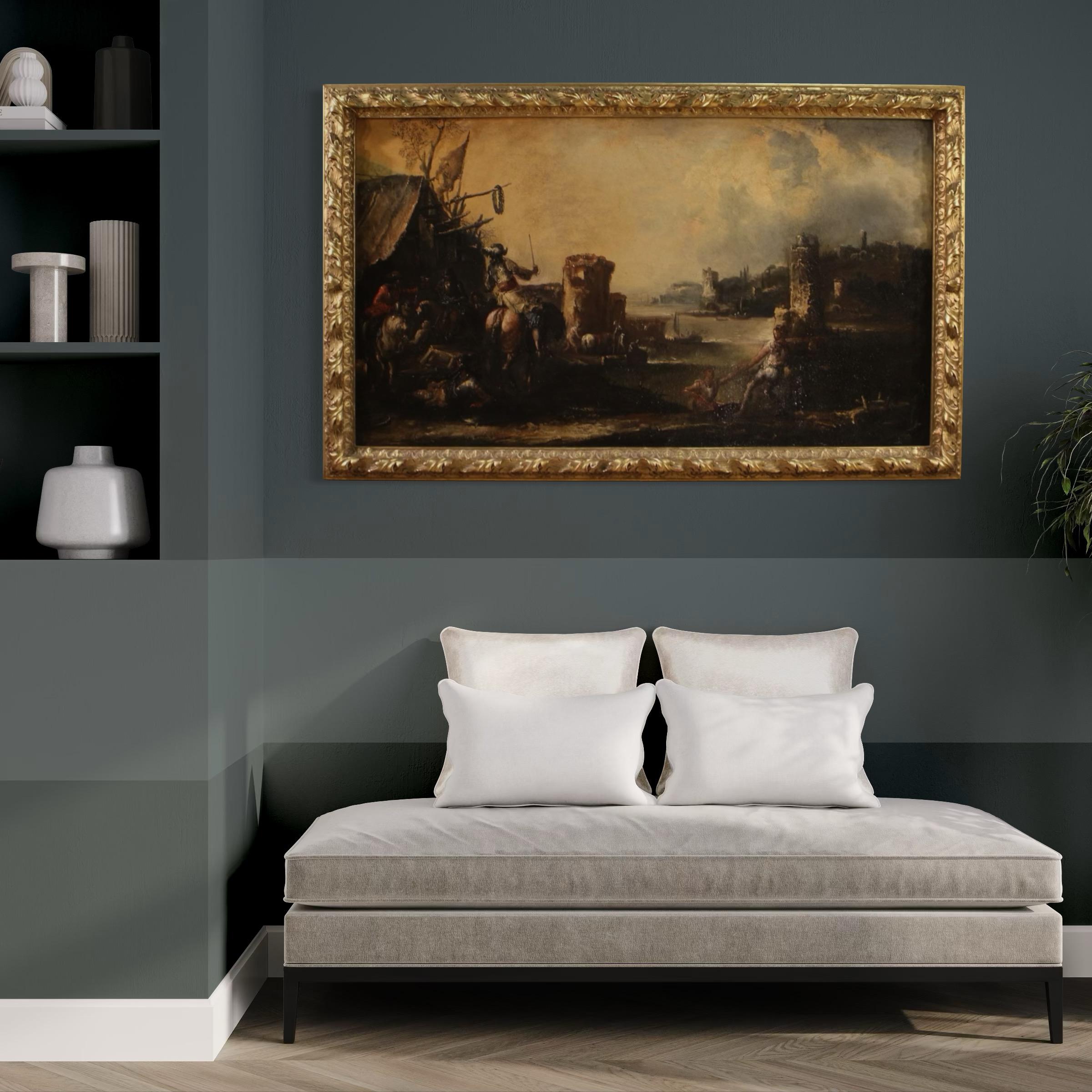 Huile sur toile du XVIIIe siècle Peinture ancienne italienne Paysage avec chevaliers, 1720 en vente 1