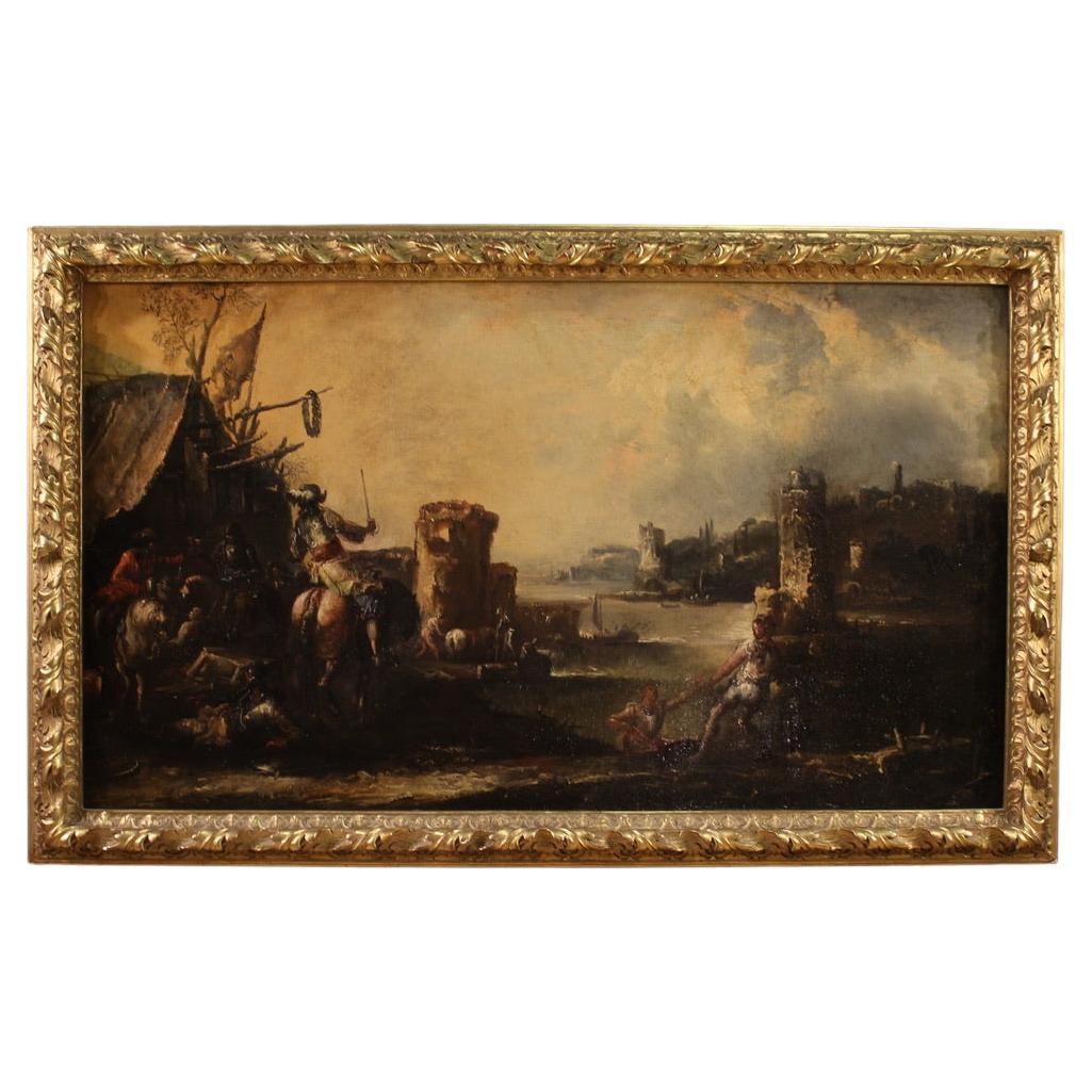 18th Century Oil on Canvas Italian Antique Painting Landscape with Knights, 1720