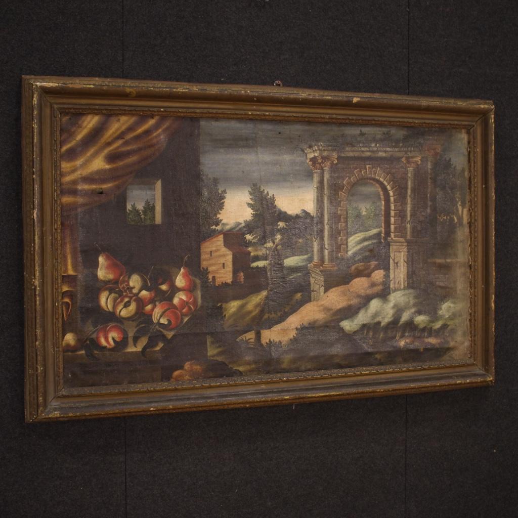 Antique Italian painting from 18th century. Framework oil on canvas, in the first canvas, depicting landscape with architecture and still life in the foreground of good pictorial quality. Large and impact painting with 20th century frame adapted