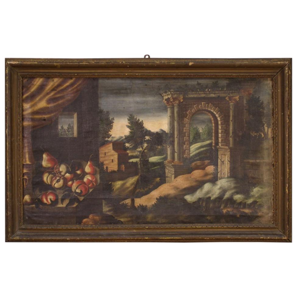 18th Century Oil on Canvas Italian Antique Painting Landscape with Still Life