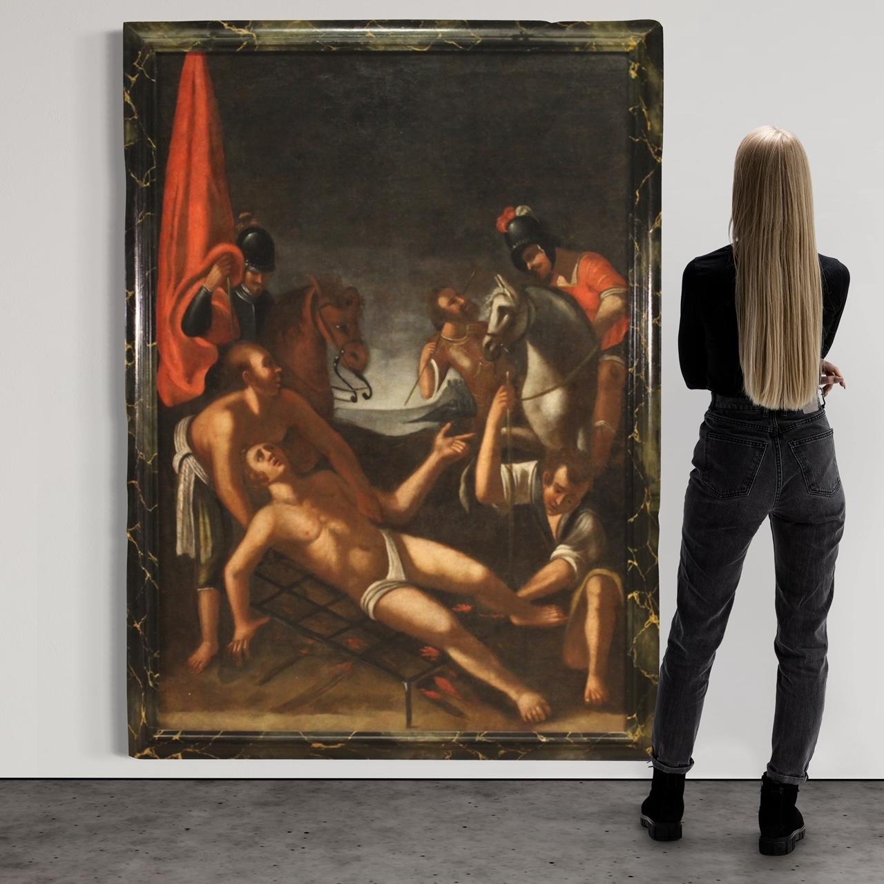 Großes italienisches Gemälde aus der ersten Hälfte des 18. Jahrhunderts. Ölgemälde auf Leinwand, das ein religiöses Thema, das Martyrium des Heiligen Laurentius, von guter malerischer Qualität darstellt. Altarbild von außergewöhnlicher Größe und