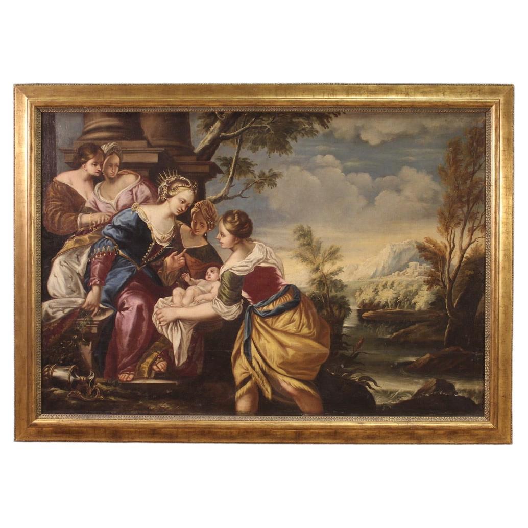 18th Century Oil on Canvas Italian Antique Painting Moses Saved From the Waters For Sale