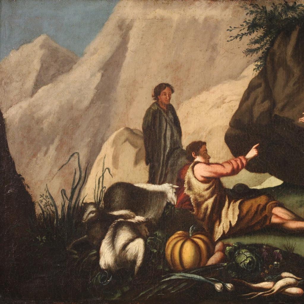 18th Century Oil on Canvas Italian Antique Painting Pastoral Scene, 1750 In Good Condition For Sale In Vicoforte, Piedmont