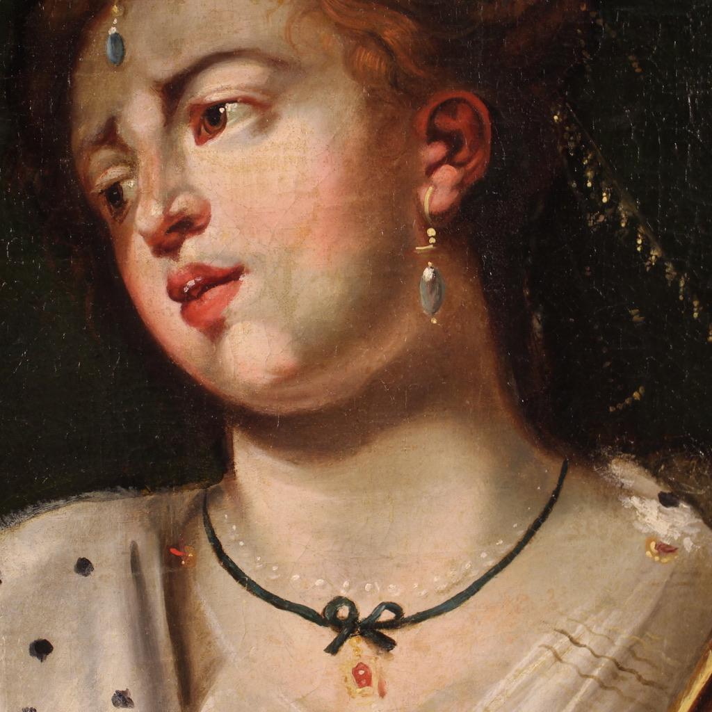 Huile sur toile italienne du 18ème siècle - Portrait ancien d'une femme avec perroquet en vente 6
