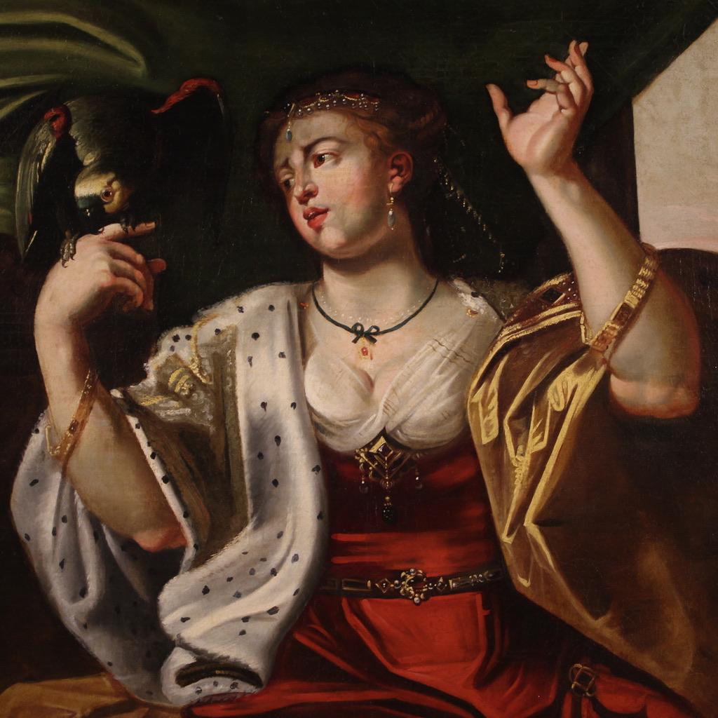 Peinture italienne ancienne de la seconde moitié du XVIIIe siècle. Oeuvre d'art à l'huile sur toile représentant le portrait d'une jeune fille, d'une princesse et d'un perroquet, de bonne qualité picturale. Tableau orné d'un cadre moderne en bois et