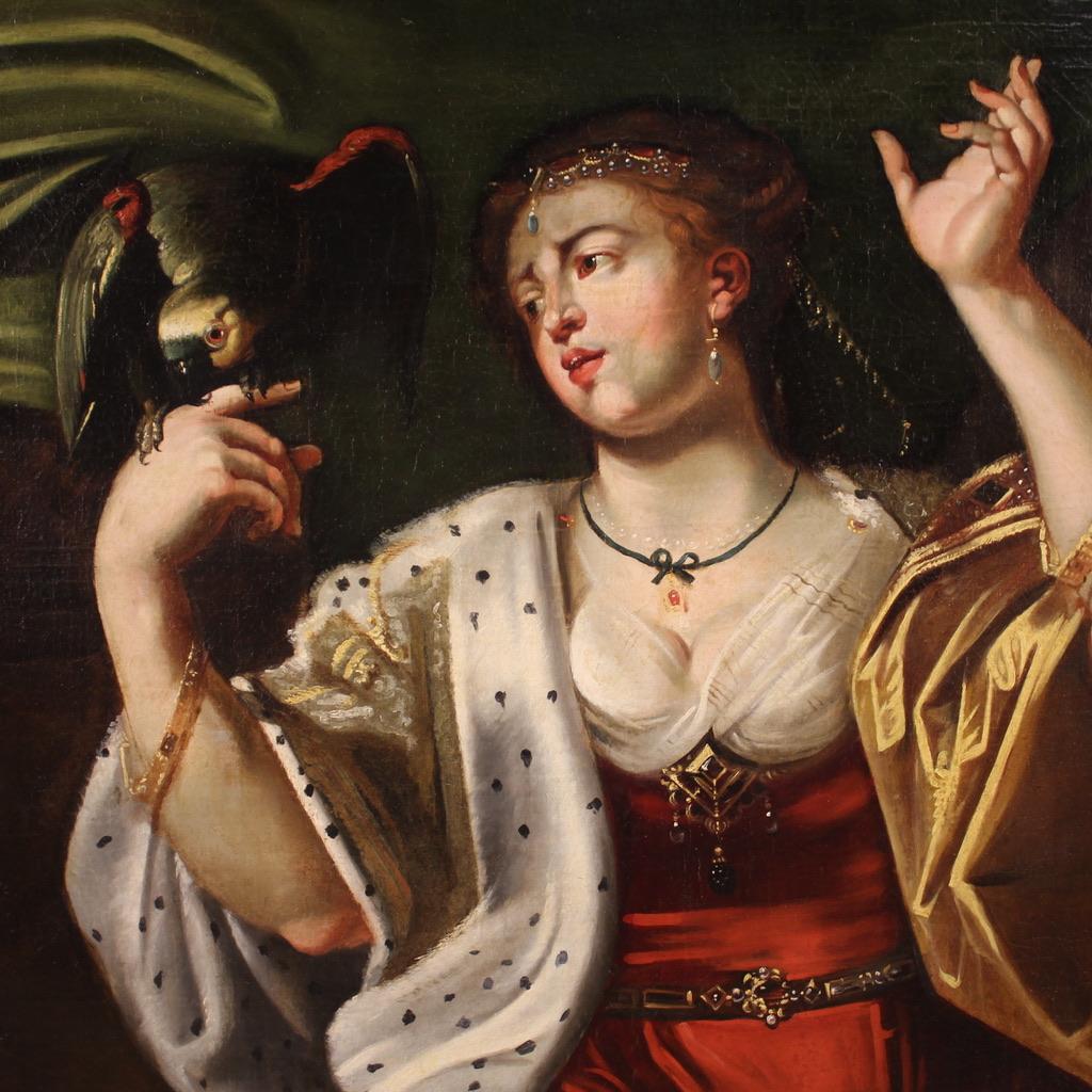 18th Century Oil on Canvas Italian Antique Painting Portrait Lady with Parrot For Sale 1