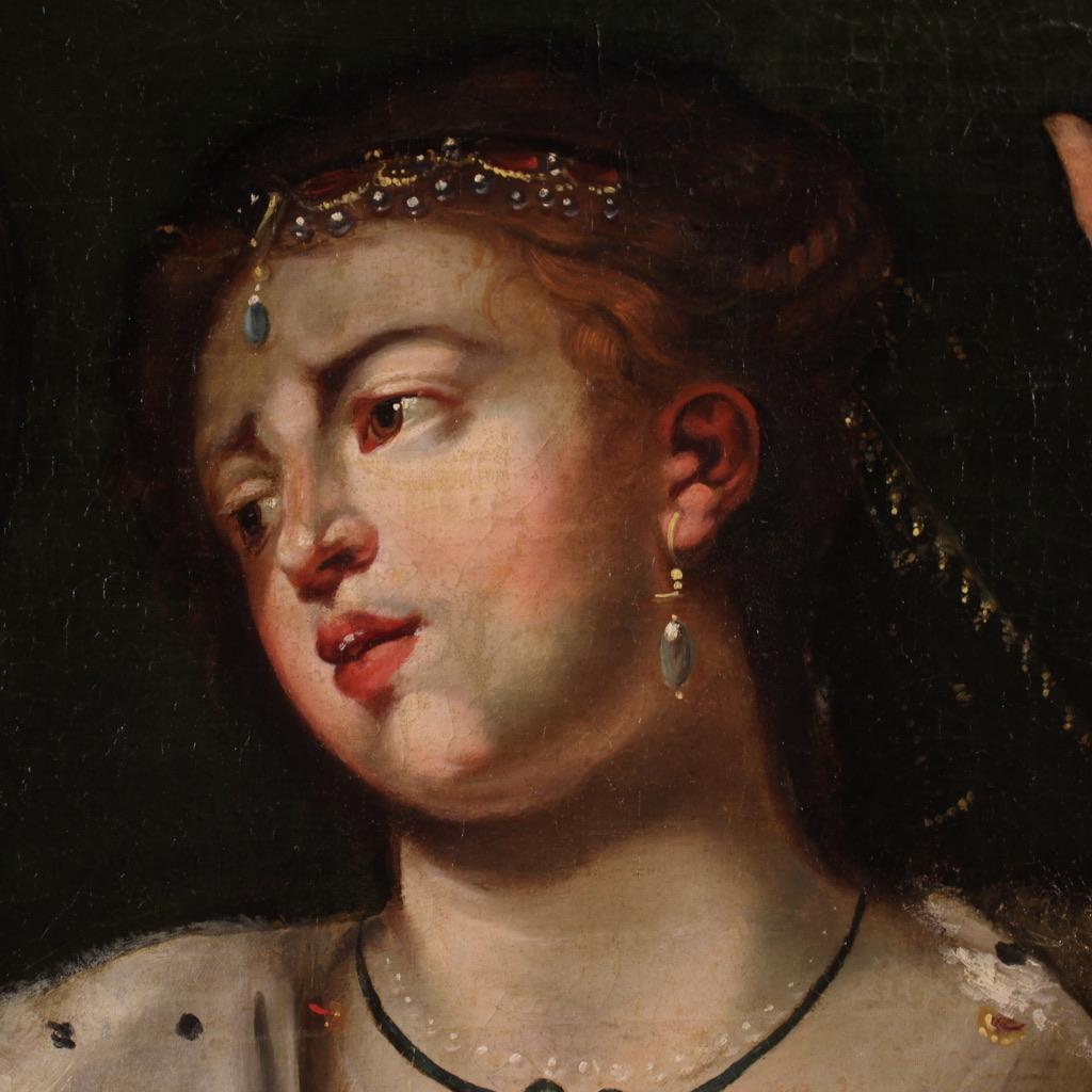 Toile Huile sur toile italienne du 18ème siècle - Portrait ancien d'une femme avec perroquet en vente