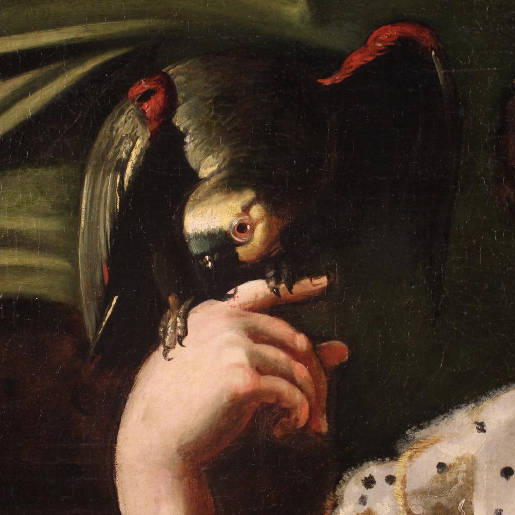 Huile sur toile italienne du 18ème siècle - Portrait ancien d'une femme avec perroquet en vente 1