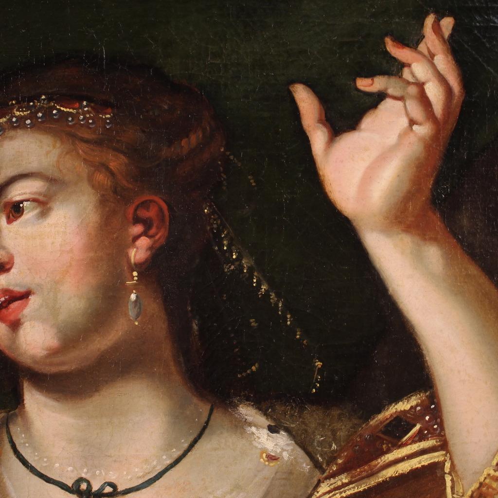 Huile sur toile italienne du 18ème siècle - Portrait ancien d'une femme avec perroquet en vente 2