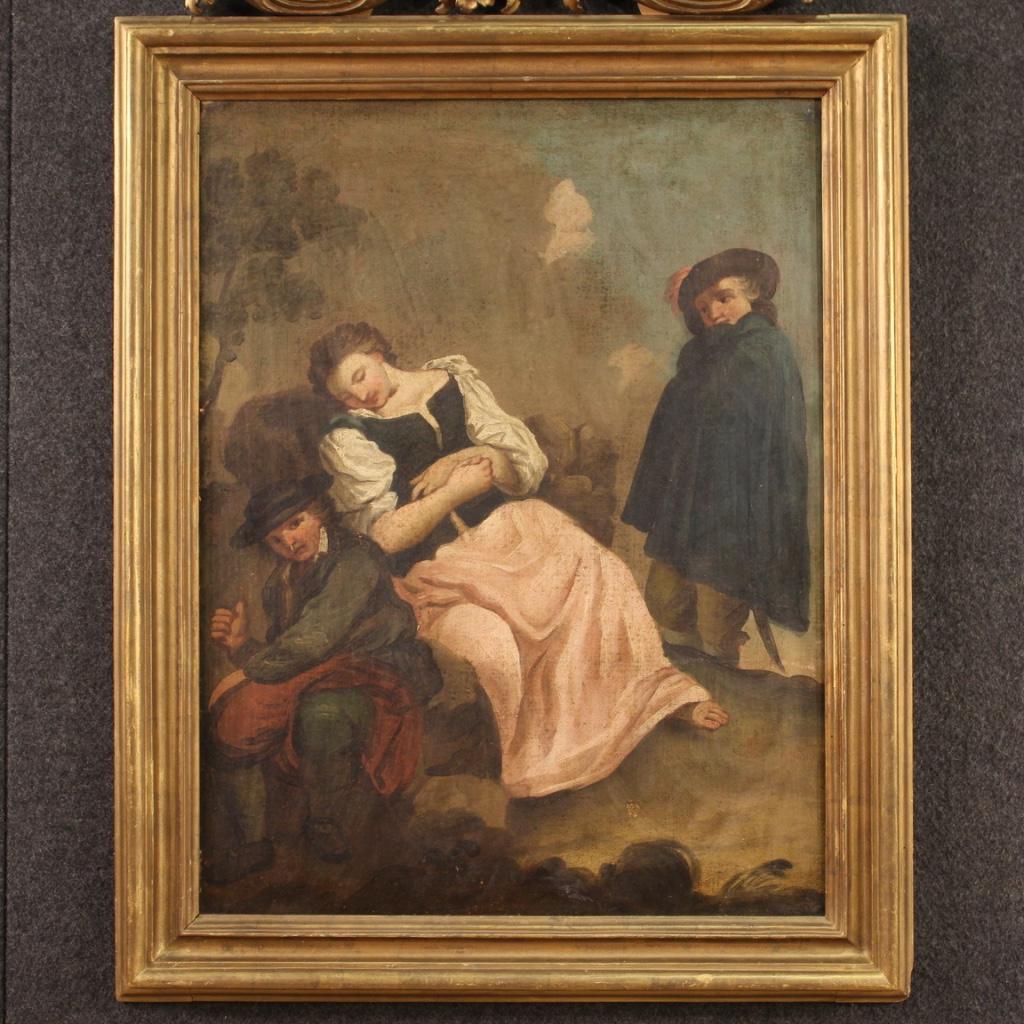 Antique Italian painting from the 18th century. Artwork oil on canvas depicting genre scene with popular characters The rest of the girl, of good pictorial quality. Nice size painting adorned with a non-coeval wooden frame, carved and gilded (bronze