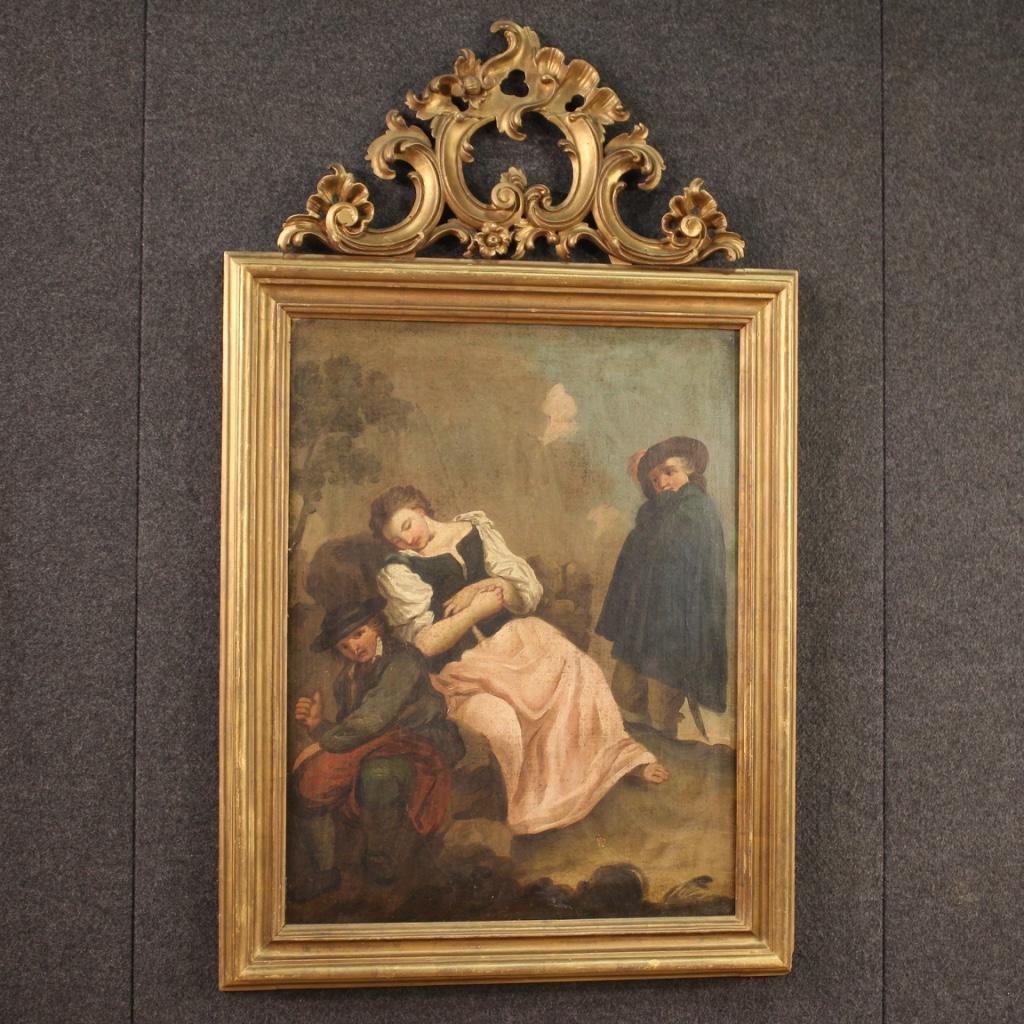 18th Century Oil on Canvas Italian Antique Painting Romantic Genre Scene, 1770 5
