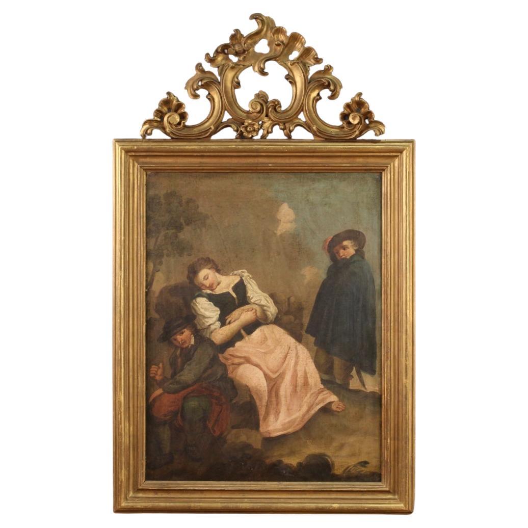 18th Century Oil on Canvas Italian Antique Painting Romantic Genre Scene, 1770