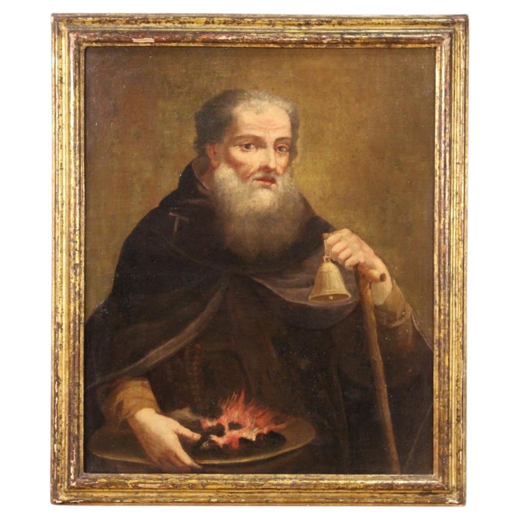18th Century Oil on Canvas Italian Antique Painting Saint Anthony the Abbot 1750