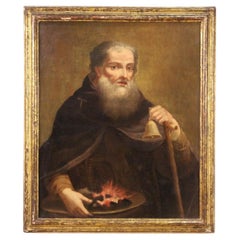 18th Century Oil on Canvas Italian Antique Painting Saint Anthony the Abbot 1750