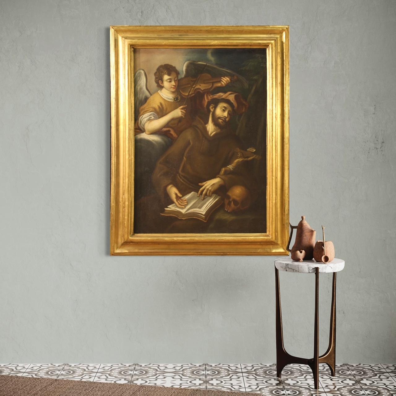 18th Century Oil on Canvas Italian Antique Painting Saint Francis and the Angel 10