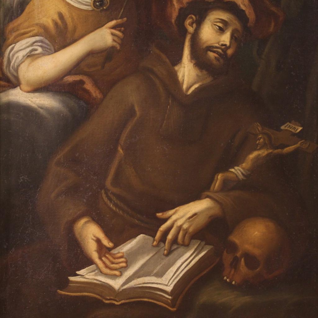18th Century Oil on Canvas Italian Antique Painting Saint Francis and the Angel In Good Condition In Vicoforte, Piedmont