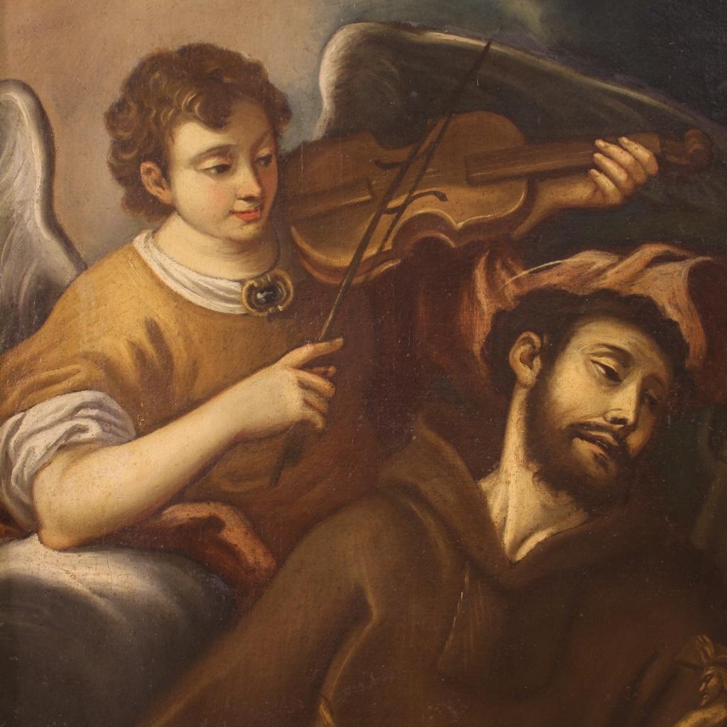 18th Century Oil on Canvas Italian Antique Painting Saint Francis and the Angel 1