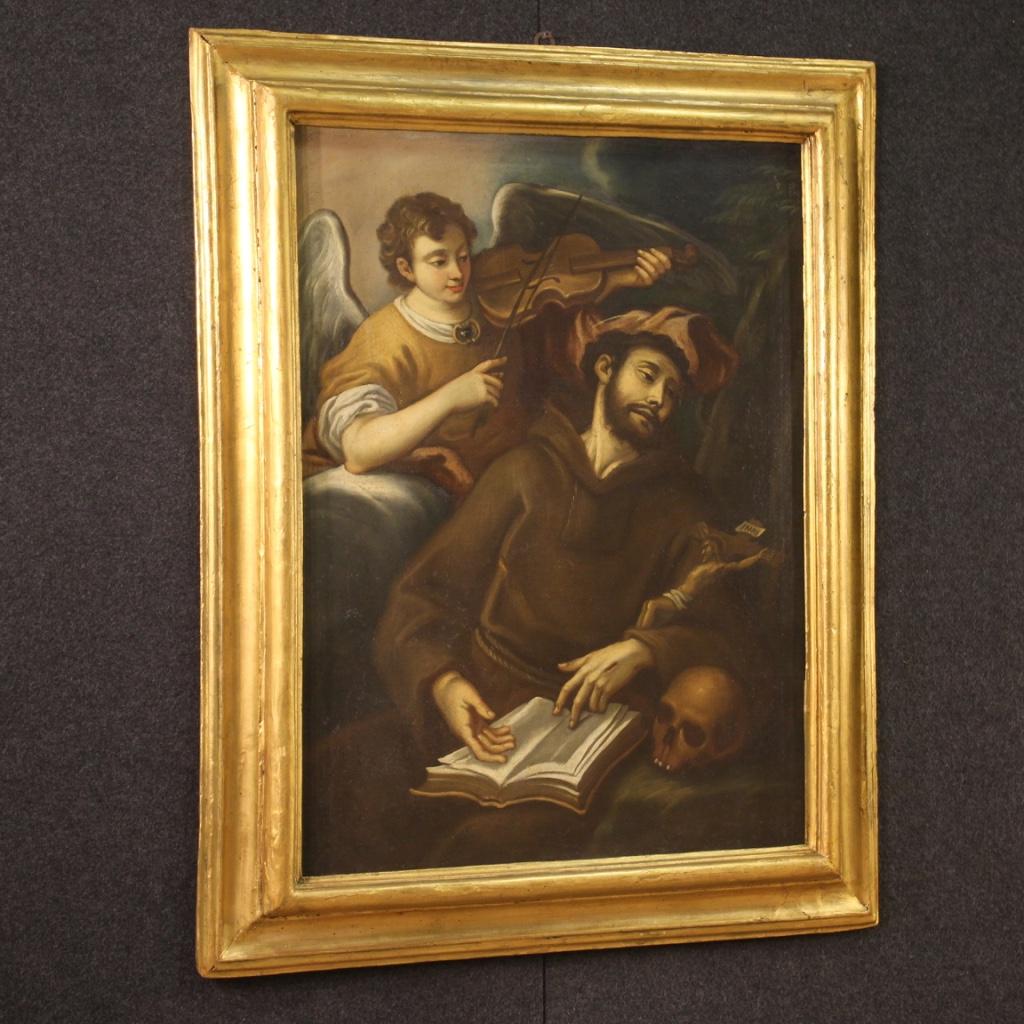 18th Century Oil on Canvas Italian Antique Painting Saint Francis and the Angel 5