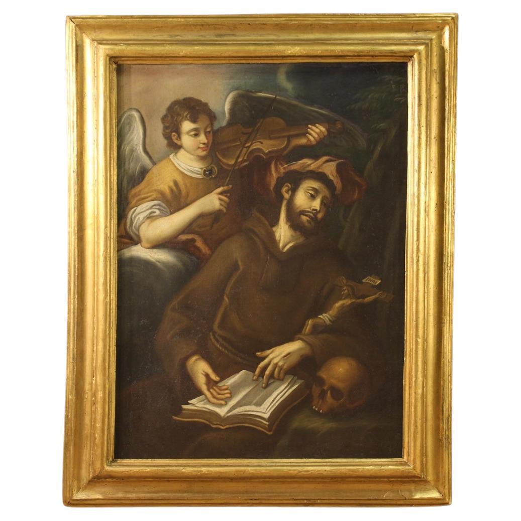 18th Century Oil on Canvas Italian Antique Painting Saint Francis and the Angel