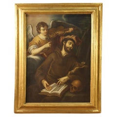 18th Century Oil on Canvas Italian Antique Painting Saint Francis and the Angel