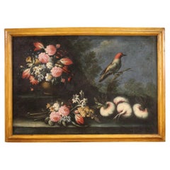 18th Century Oil on Canvas Italian Antique Painting Still Life with Canary, 1730