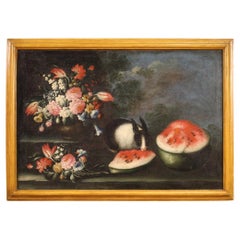 18th Century Oil on Canvas Italian Antique Painting Still Life with Rabbit, 1730