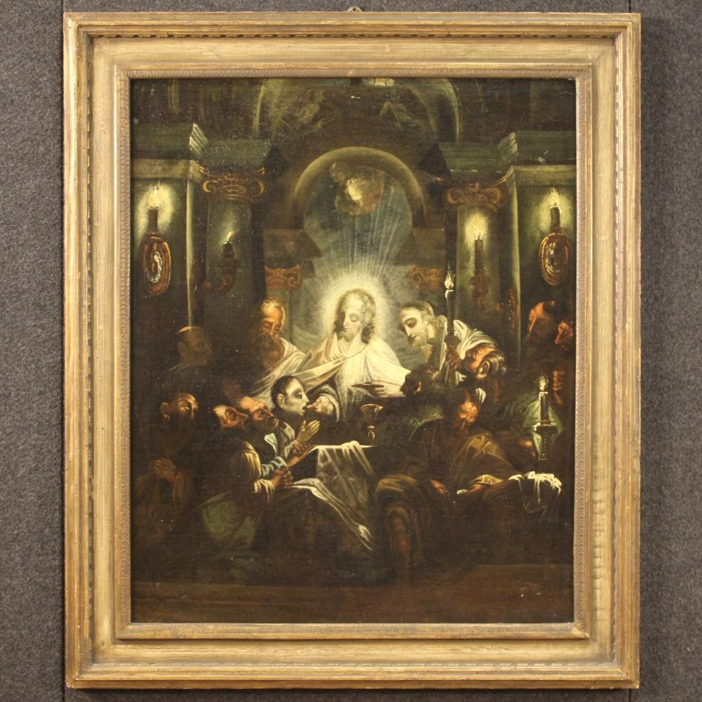 Antique Italian painting from the first half of the 18th century. Oil on canvas framework depicting religious subject The communion of the apostles of good pictorial quality. Painting of beautiful size and great character, for antique dealers,