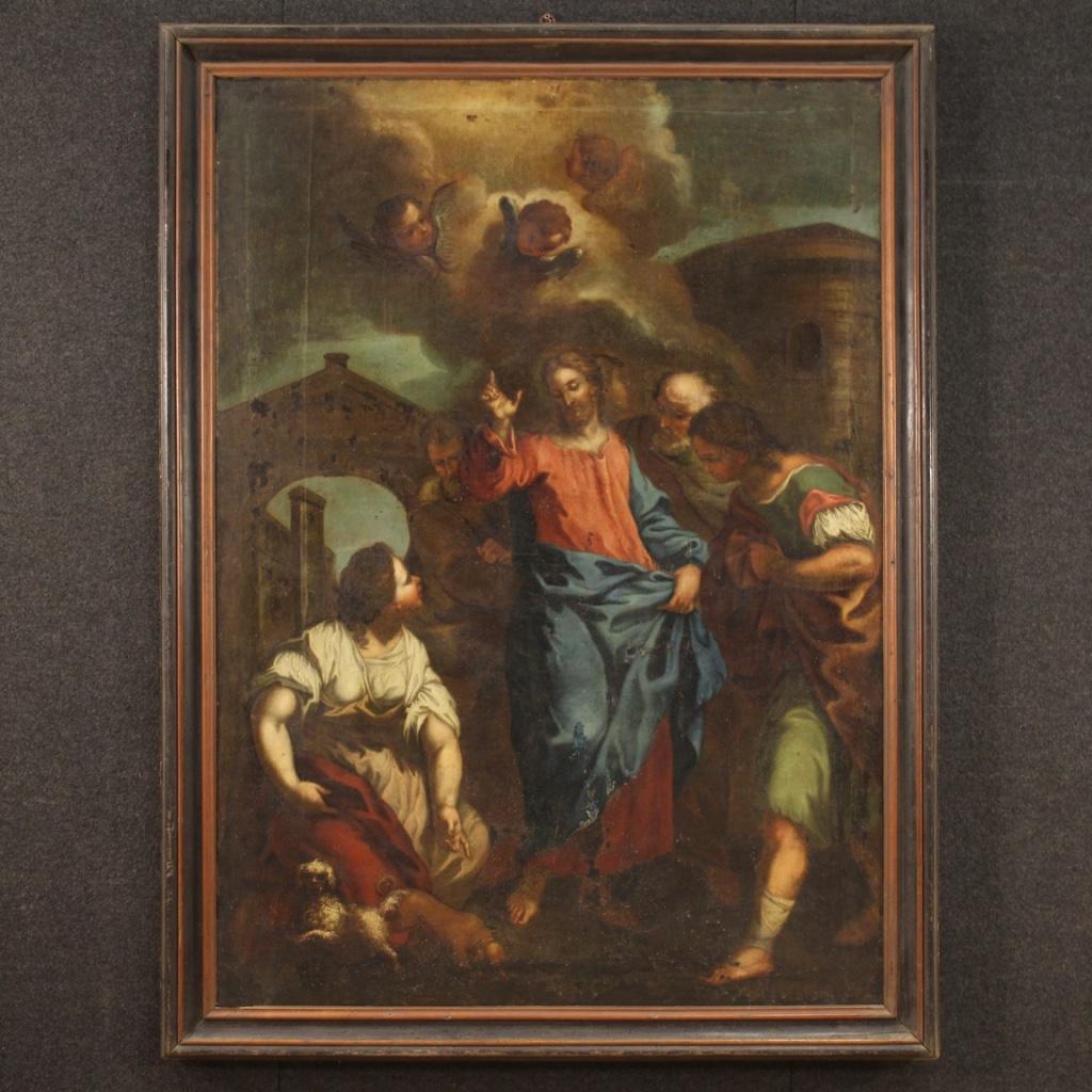 Antique Italian painting from the first half of the 18th century. Oil on canvas framework depicting an evangelical episode Christ and the Canaanite of good pictorial quality. Framework of great measure and impact, for antique dealers, interior