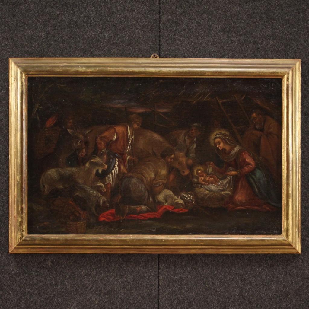 Antique Italian painting from the 18th century. Work oil on canvas depicting a religious subject Adoration of the shepherds of good pictorial quality. Wooden frame of the 20th century carved and gilded of beautiful decoration. Painting that develops