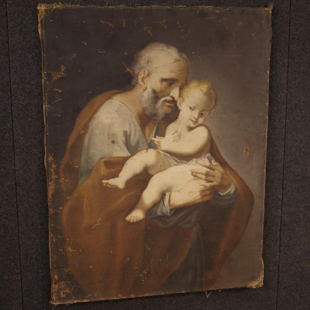 Antique Italian painting from 18th century. Framework oil on canvas, in first canvas, depicting religious subject Saint Joseph with baby Jesus of good pictorial quality. Framework of beautiful measure and pleasant decor without frame. Painting with