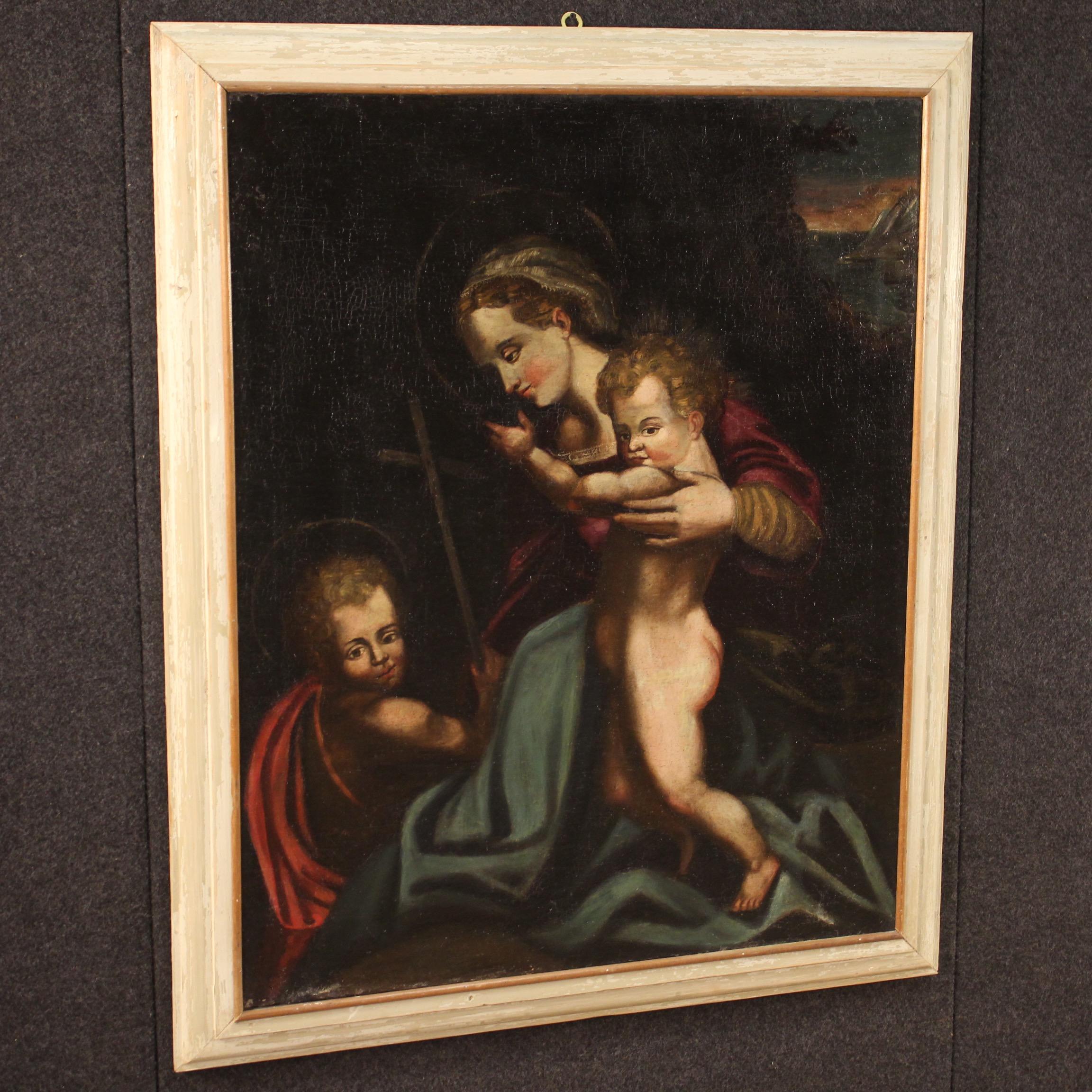 Antique Italian painting from 18th century. Framework oil on canvas depicting a subject of sacred art, Virgin with child and Saint John of good pictorial quality. Modern lacquered wooden frame with various signs of aging and color drops (see photo).
