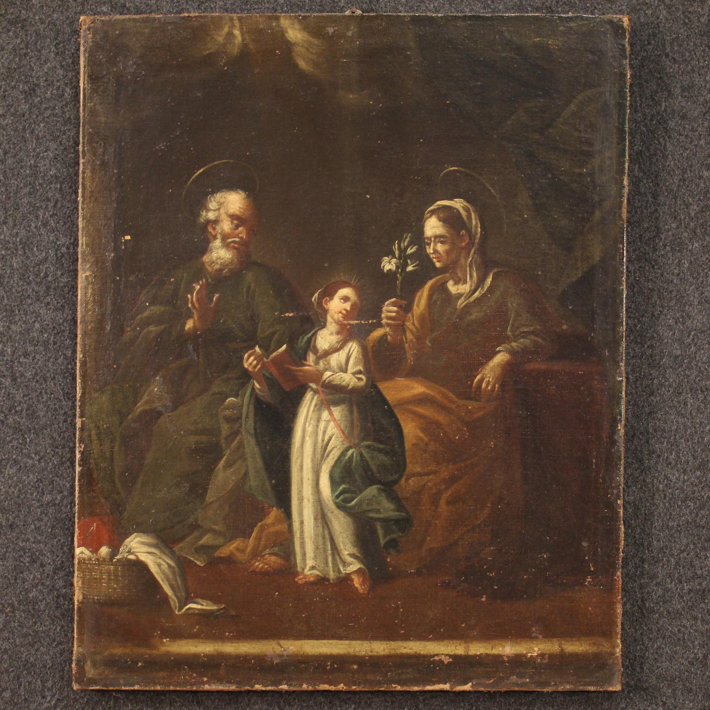 Antique Italian painting from 18th century. Oil on canvas framework depicting religious subject Saint Joachim, Virgin and Saint Anne of good pictorial quality. A dark background painting with various signs of aging, small color losses and some signs