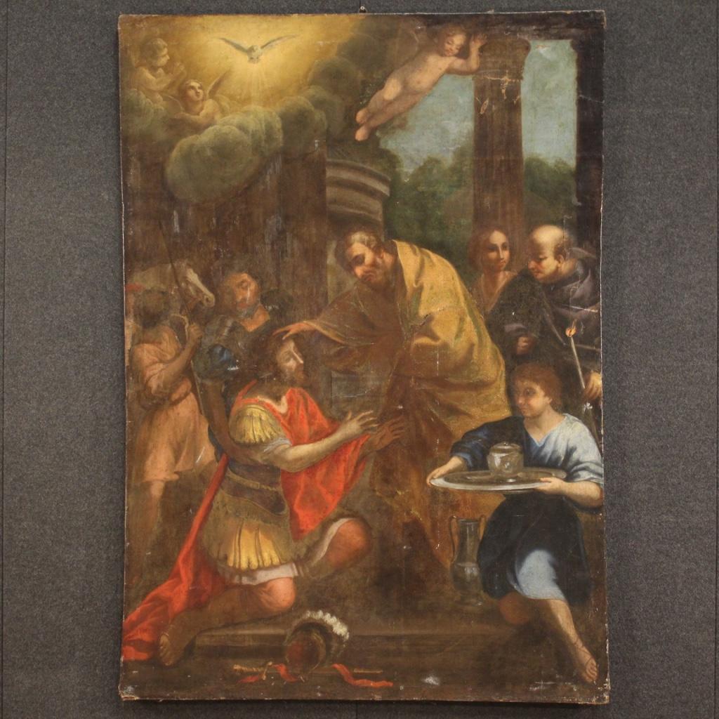 Antique Italian painting from the 18th century. Framework oil on canvas depicting a religious subject Copy of the Baptism of Saint Paul by Ananias with a good pictorial quality. Painting that refers to the famous painting by Pietro da Cortona of