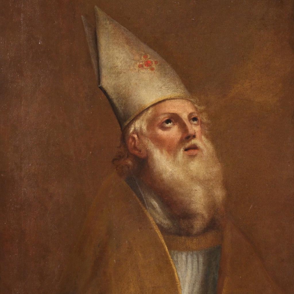 Oiled 18th Century Oil Canvas Italian Antique Religious Painting Bishop Portrait 1720 For Sale