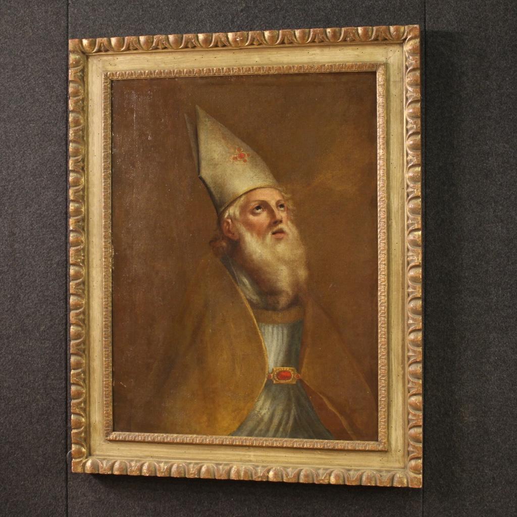 18th Century Oil Canvas Italian Antique Religious Painting Bishop Portrait 1720 For Sale 3