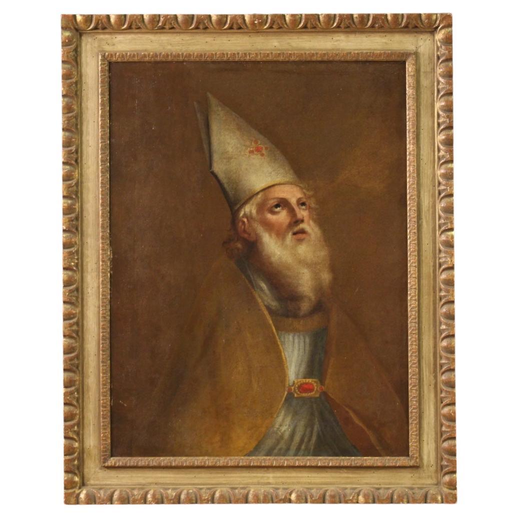 18th Century Oil Canvas Italian Antique Religious Painting Bishop Portrait 1720