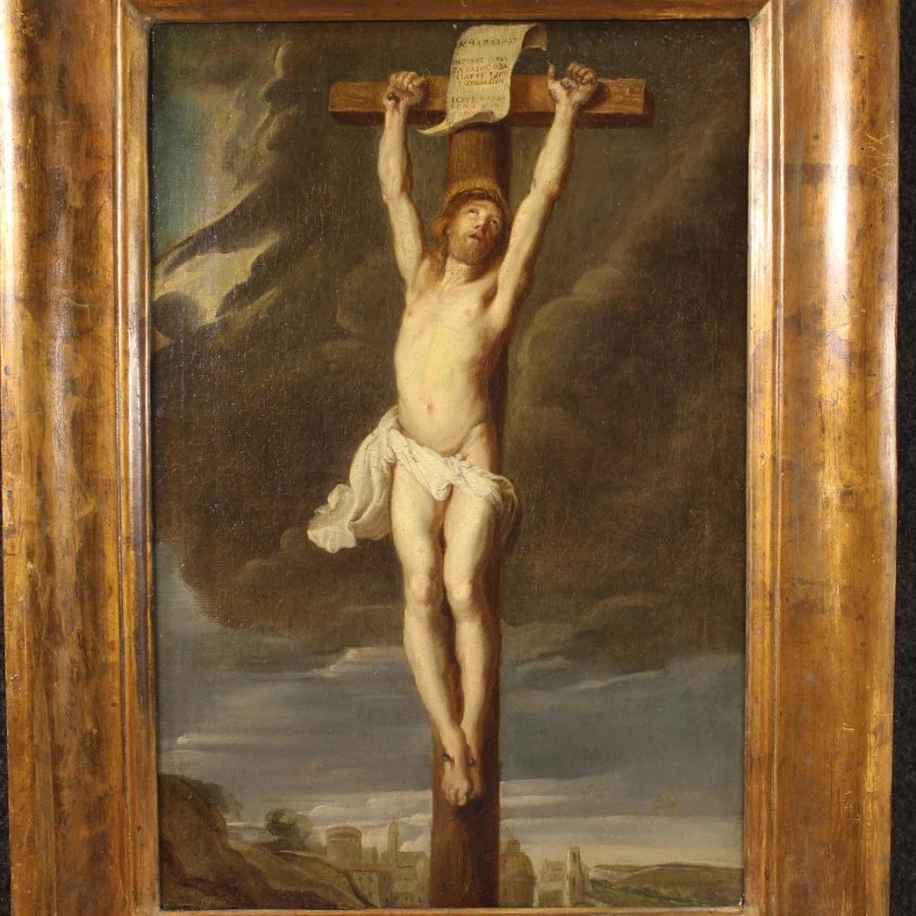 18th Century Oil on Canvas Italian Antique Religious Painting Crucifixion, 1780 In Good Condition In Vicoforte, Piedmont