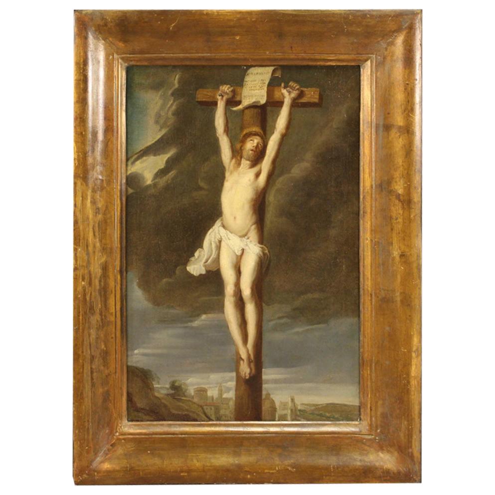 18th Century Oil on Canvas Italian Antique Religious Painting Crucifixion, 1780