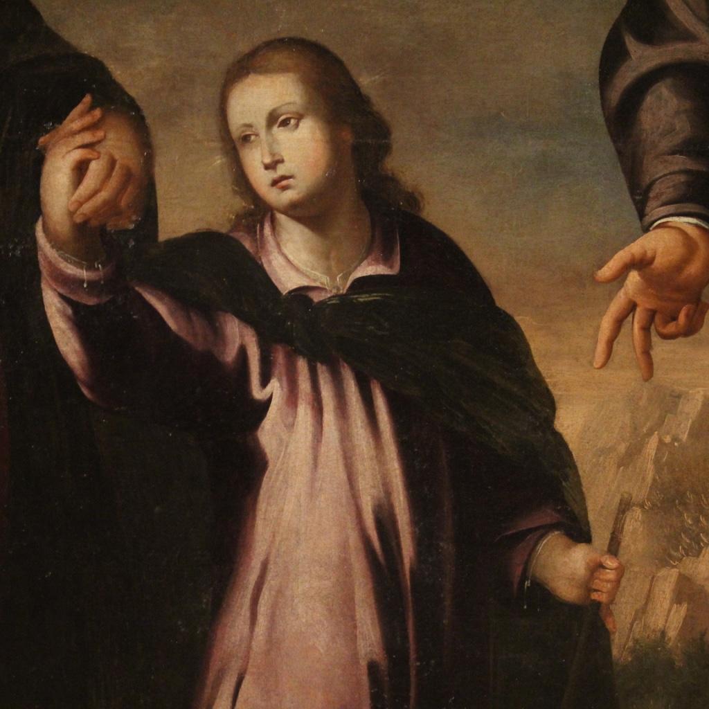 Antiguo cuadro italiano del siglo XVIII. Pintura al óleo sobre lienzo, de gran tamaño e impacto, que representa un tema religioso, la Sagrada Familia, de excelente calidad pictórica. Pintura que se sometió a una restauración conservadora y se ha