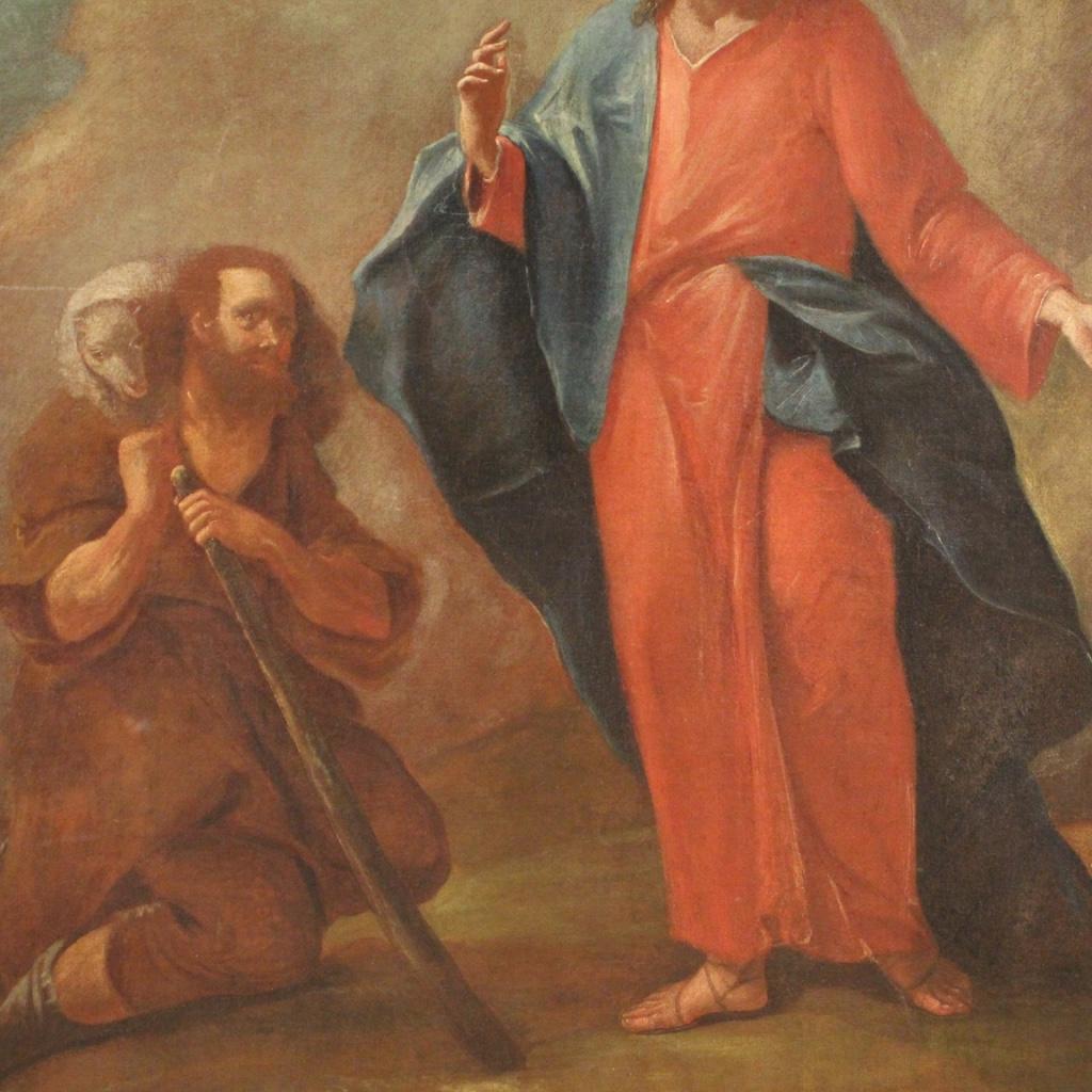 18th Century Oil on Canvas Italian Antique Religious Painting Jesus and Shepherd 5