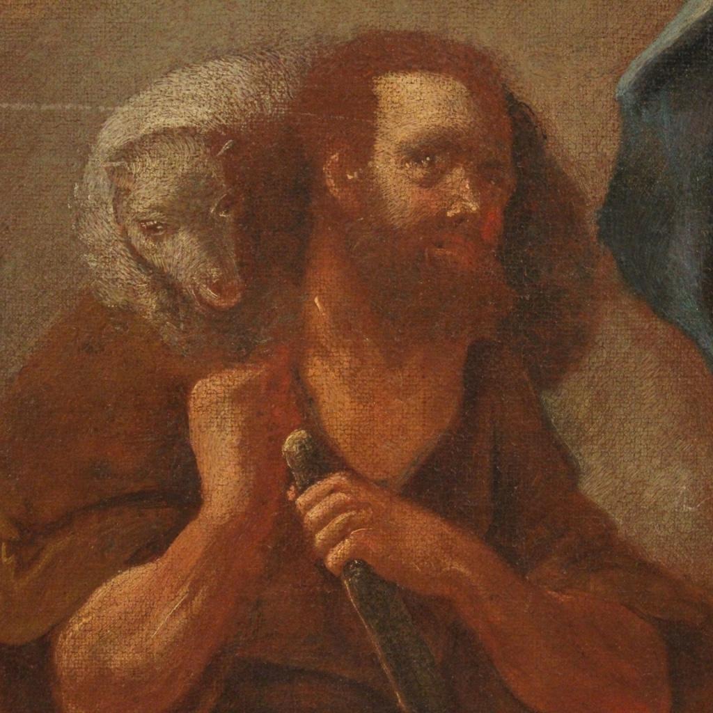 18th Century Oil on Canvas Italian Antique Religious Painting Jesus and Shepherd 3