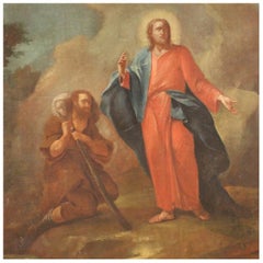 18th Century Oil on Canvas Italian Antique Religious Painting Jesus and Shepherd