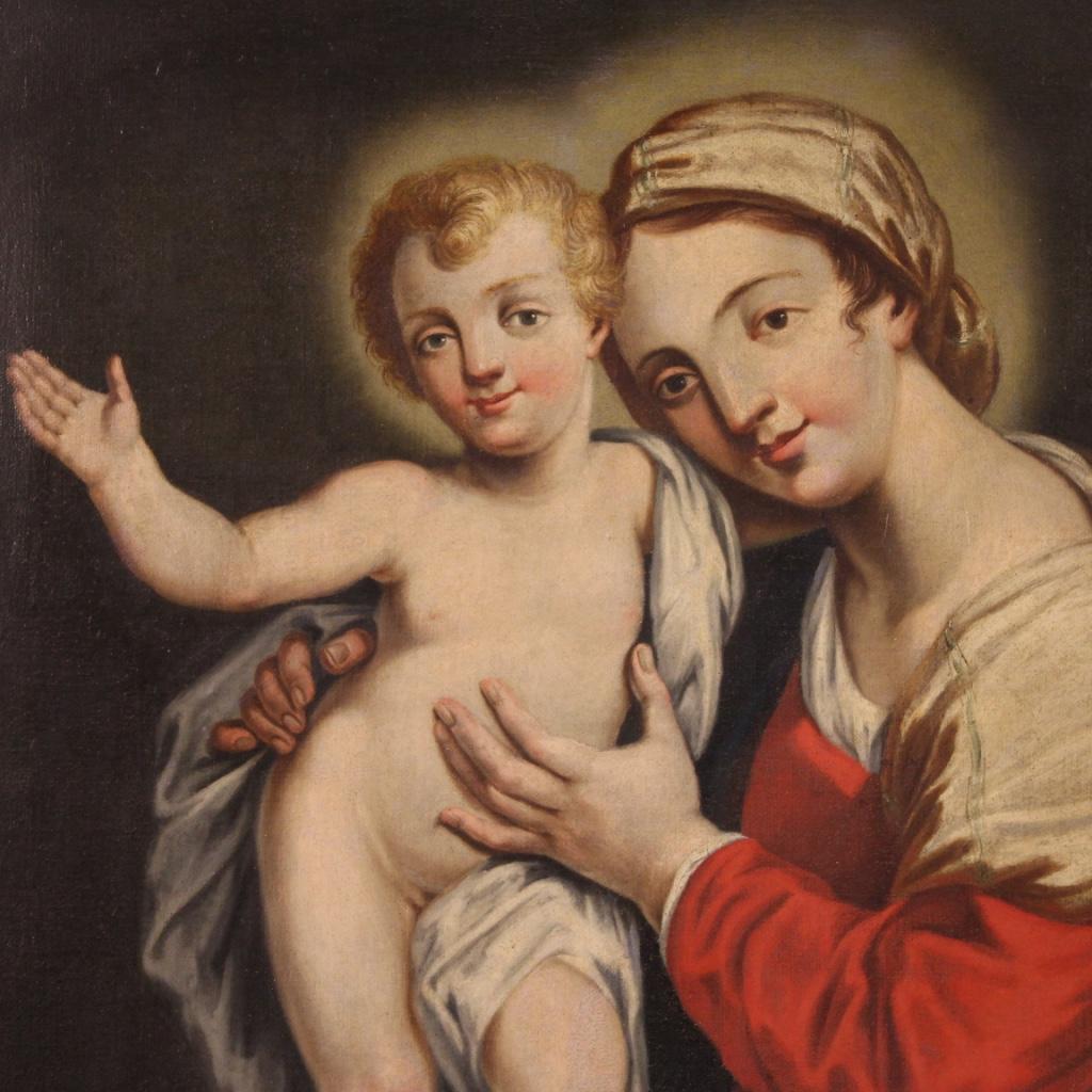 18th Century Oil on Canvas Italian Antique Religious Painting Madonna with Child 1