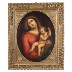 18th Century Oil on Canvas Italian Antique Religious Painting Madonna with Child