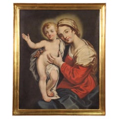18th Century Oil on Canvas Italian Antique Religious Painting Madonna with Child